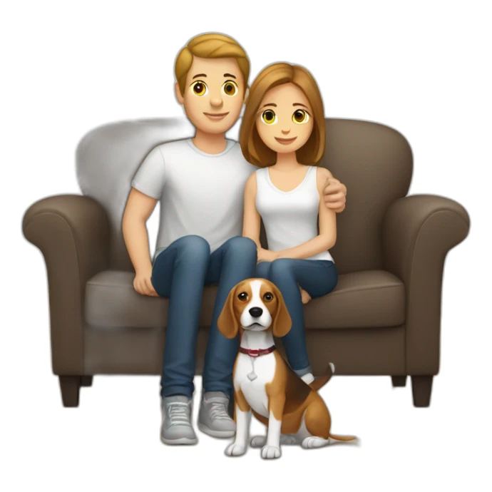 Brown hair White boy and girl with beagle Sit on couch sticker