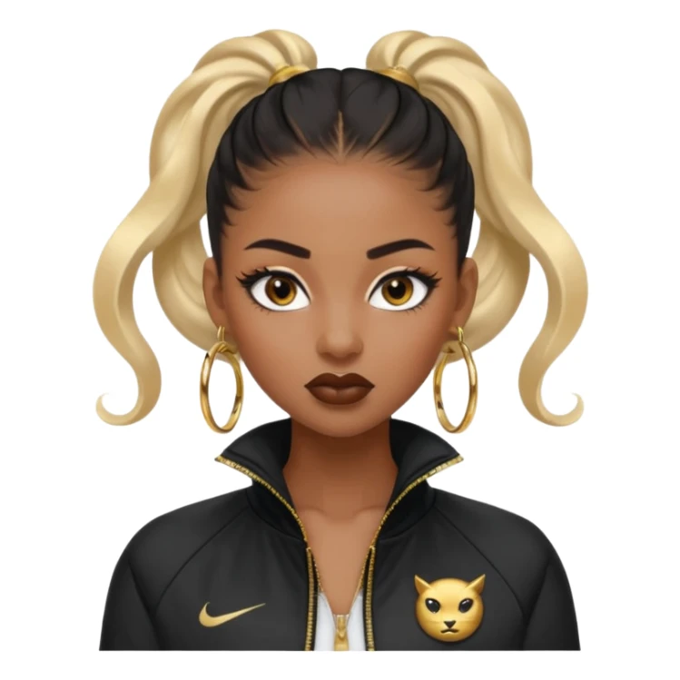 “black Emoji girl, fierce confident expression, sharp black winged eyeliner, bold brows, matte nude lips, long curled lashes, sleek high ponytail, gold hoop earrings, sporty streetwear jacket.” sticker
