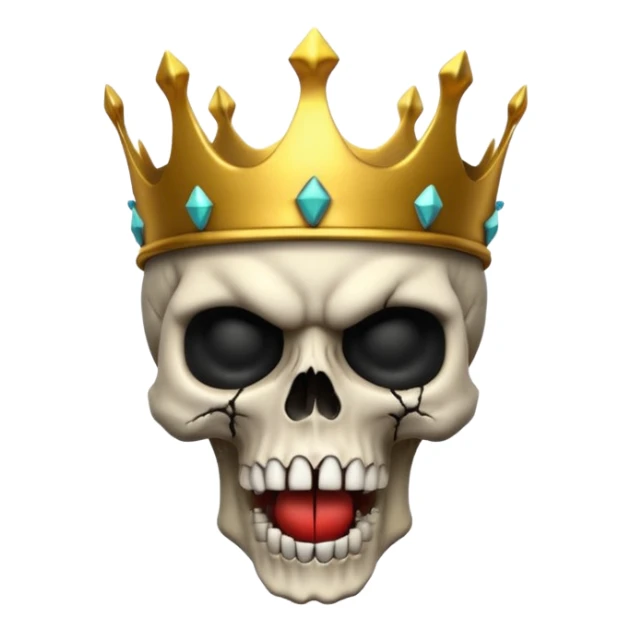 Demonic 3D skull holding its head by its hand in shock, mouth open, wearing a golden crown, dark horror vibe sticker