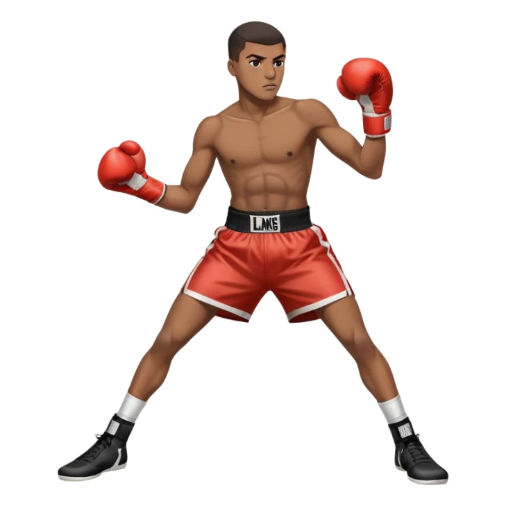 19-year-old lightweight Black male boxer in boxing stance, full body view, lean athletic build, boxing gloves, boxing shorts sticker