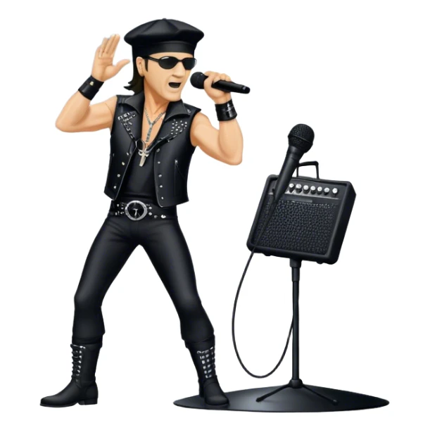 Icon for Rock Music: Klaus Meine with a microphone on the stand performing with Scorpions on stage, with powerful stage presence. The vibe should capture the energetic and iconic sound of Scorpions, with vibrant lighting and a stadium atmosphere. Transparent background. sticker