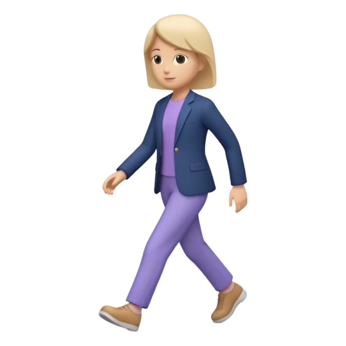 Modern premium 3D emoji icon: faceless gender-neutral person walking (mid-step), smooth rounded shapes, matte + subtle gloss, top-left studio light, soft shadow, faint motion aura (subtle curved trail) behind the body, navy outfit with lavender accent, centered, transparent background, no text sticker