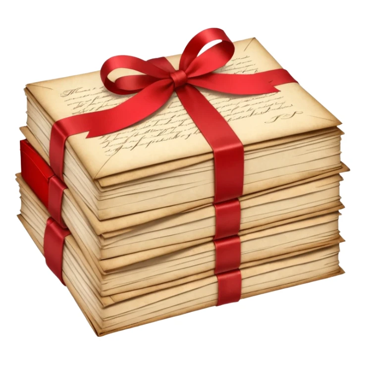 A beautifully arranged Stack of aged letters, tied with a red ribbon, envelopes, corespondence, aesthetic sticker