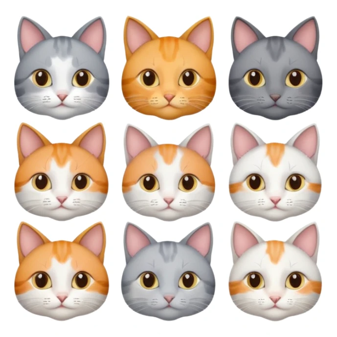 6 realistic looking cats with different natural coloured coats, assorted grey and white, greys, calicos etc
 sticker