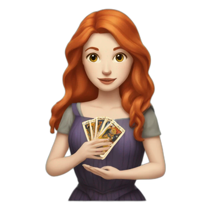 redhead white woman medium long straight hair, holding a tarot card in her hand sticker