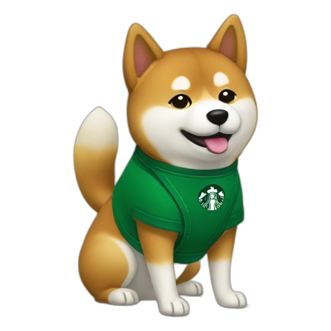 Shiba working at Starbucks with green apron sticker