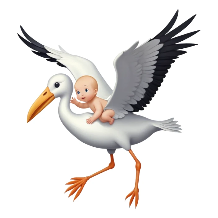 human baby in a bundle being carried by a flying stork sticker