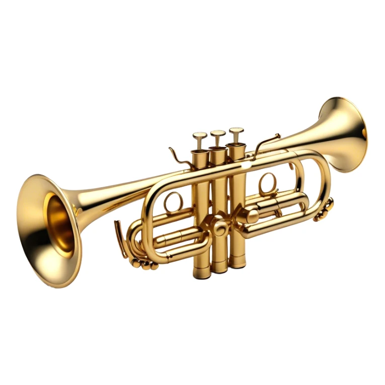 Create a sleek and professional emoji representing a Stomvi trumpet. The design should showcase the shiny, polished brass body of the trumpet with its distinct bell, valves, and tuning slides. Highlight the intricate keywork and the valve pistons, with detailed metallic accents and subtle reflections on the surface. The mouthpiece should be visible at the top of the instrument. Use golden and brass tones with light reflections to emphasize the smooth, high-quality finish. Add a few musical notes floating around the trumpet to evoke its bright and resonant sound. The background should be transparent. sticker