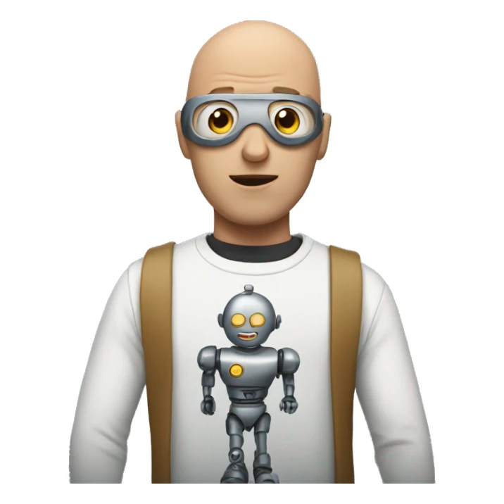 A man runbing a robot against his bald forehead sticker