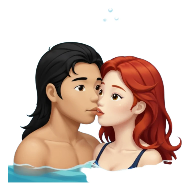 long black haired asian guy kiss redhead girl in ocean sticker