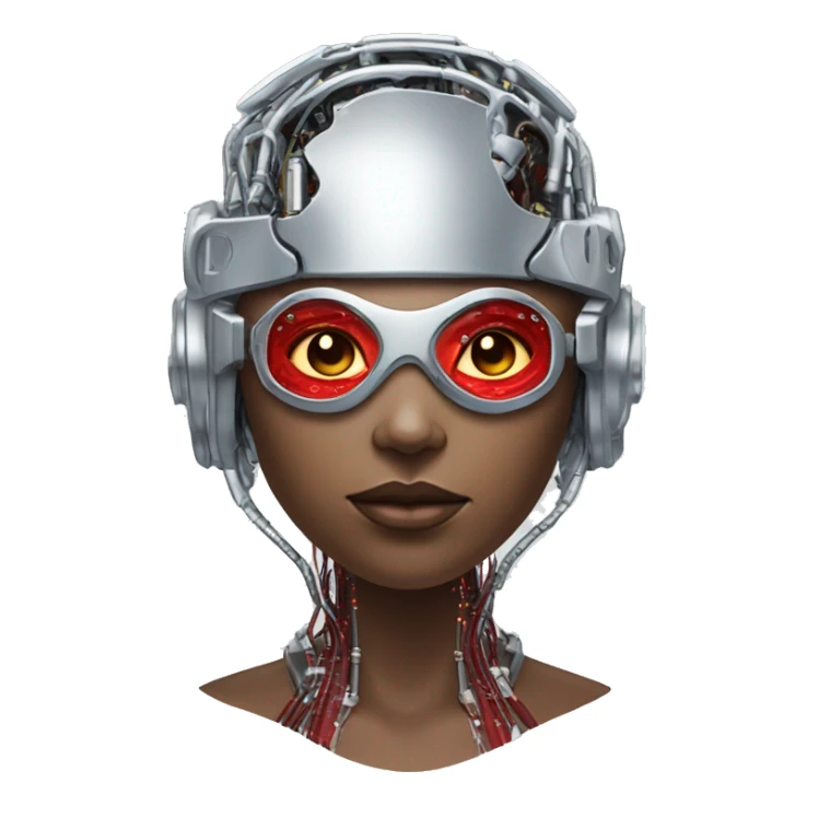 Red skin female cyborg head with silver goggles, silver circuits sticker