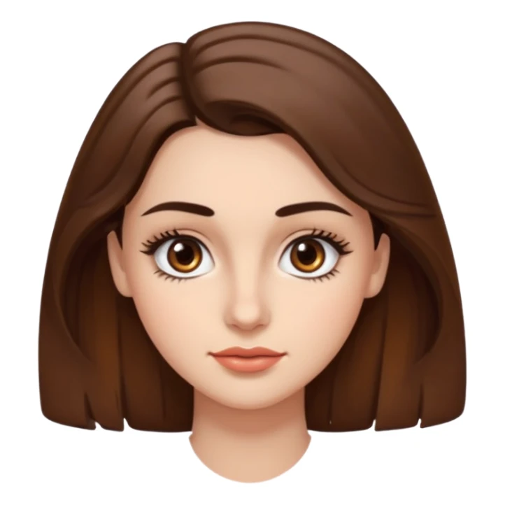 uma mulher com cabelo curto, castanho, levemente ondulados e um pouco abaixo do ombro, sobrancelhas grossas e cílios grandes. Cor da pele é branca e olhos castanhos e um pequeno sinal na bochecha direita.  sticker