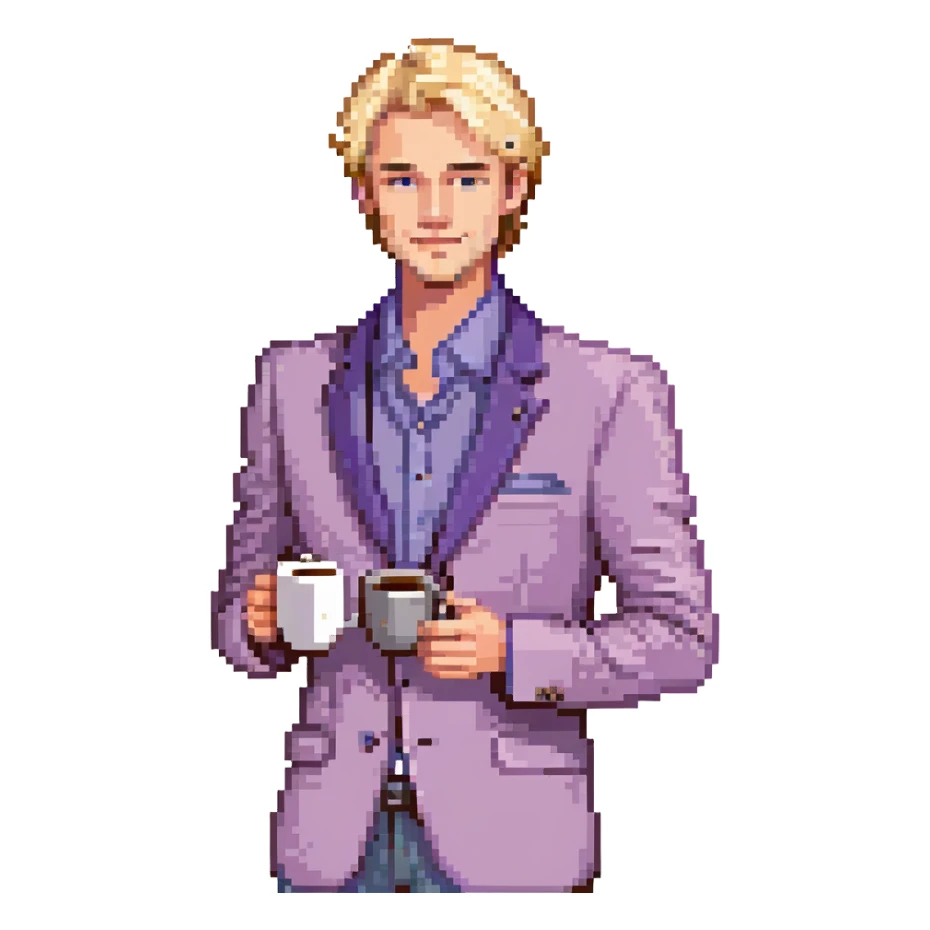 Confident male entrepreneur, Caucasian features, blonde hair, defined eyebrows, slight smile, wearing violet blazer over light violet shirt, holding a coffee cup in right hand, waist-up, front-facing sticker