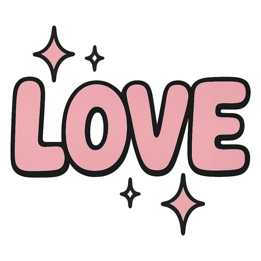 the word 'love' in bold, playful letters with sparkles, no background sticker
