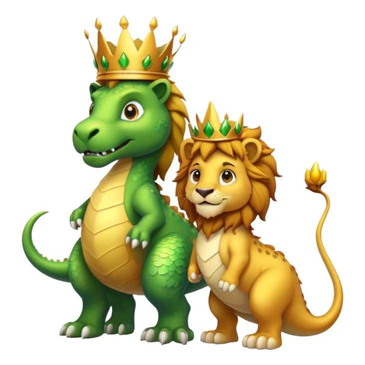 A lion wearing a golden crown standing next to a friendly dinosaur sticker