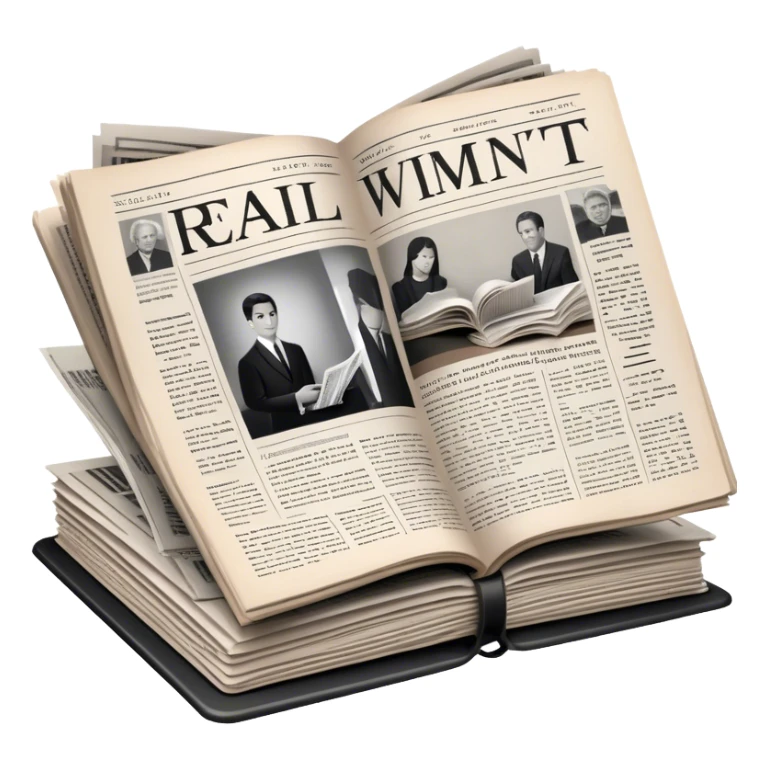 Icon for Non-Fiction & Narrative Reading: an open book with black-and-white photos on the pages, surrounded by a pile of newspaper clippings, and an open folder with top-secret documents. The icon should reflect the blend of real stories and facts in non-fiction literature. Transparent background. sticker