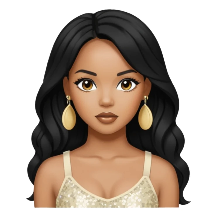LeToya Luckett with long black hair, ivory sequin crop top, ivory earring sticker