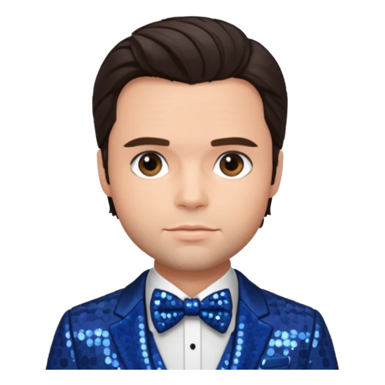 Sebastian Stan with dark brown hair, indigo sequin suit with bow tie sticker