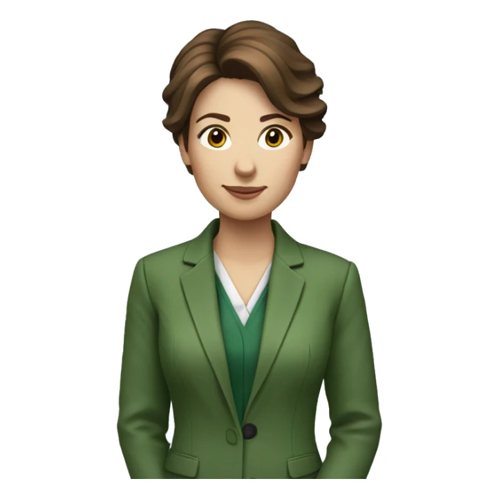 accounting woman with short brown hair and a green jacket sticker
