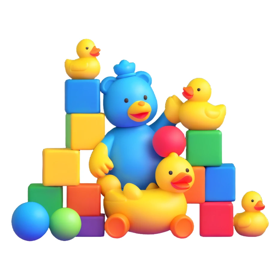 bright playful toys scattered - blue teddy bear, yellow rubber duck, colorful building blocks, rainbow ball, cartoon action figure sticker