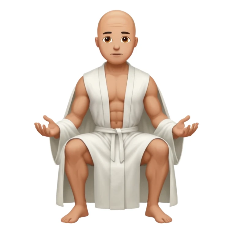 fullbody jacked bald guy, sleeveless and unbuttoned in full white robe sitting without chair and hands down sticker