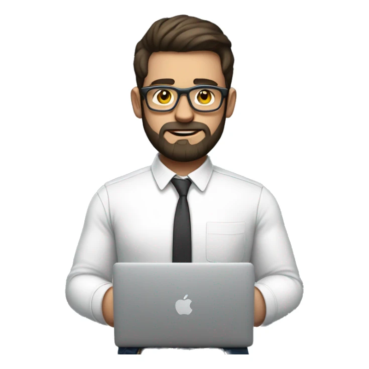 Emoji man with beard holding macbook in hands wearing transparent glasses and shirt, profession - graphic designer. Features: white skin, weight 100 kg, dark hair, age 21 years, earring in left ear sticker