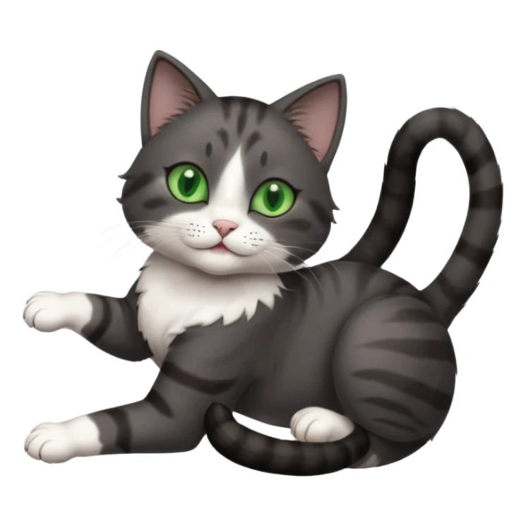beautiful female solid dark grey cat with green eyes, white toes/paws and white patch on her chest rolling upside down sticker