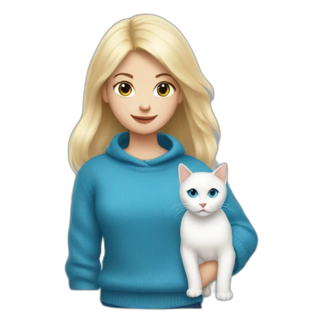 Blonde girl in blue sweater and with white cat sticker