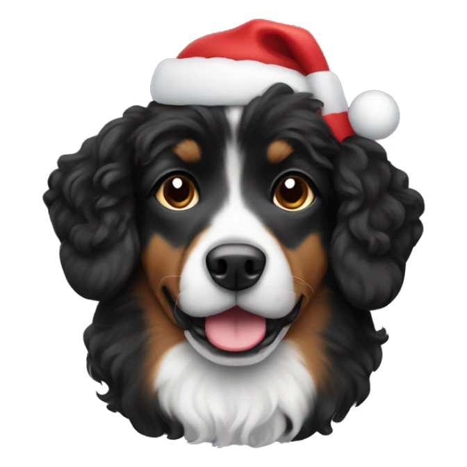 Curly black haired dog with a Christmas hat sticker