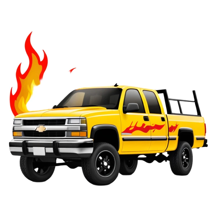 Yellow 1997 Chevrolet C-2500 Crew Cab Silverado with accurate red flame decal printed on the hood, exactly as seen in Kill Bill movie, 30-degree view showing detailed flame graphics, iOS emoji style sticker