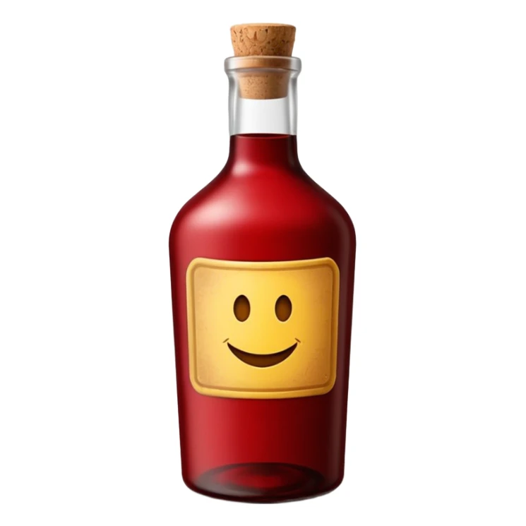 closed bottle, dark glass, deep red visible, cork or screw cap, plain label, classic slightly robust shape, no extras, soft lighting, emoji scale sticker