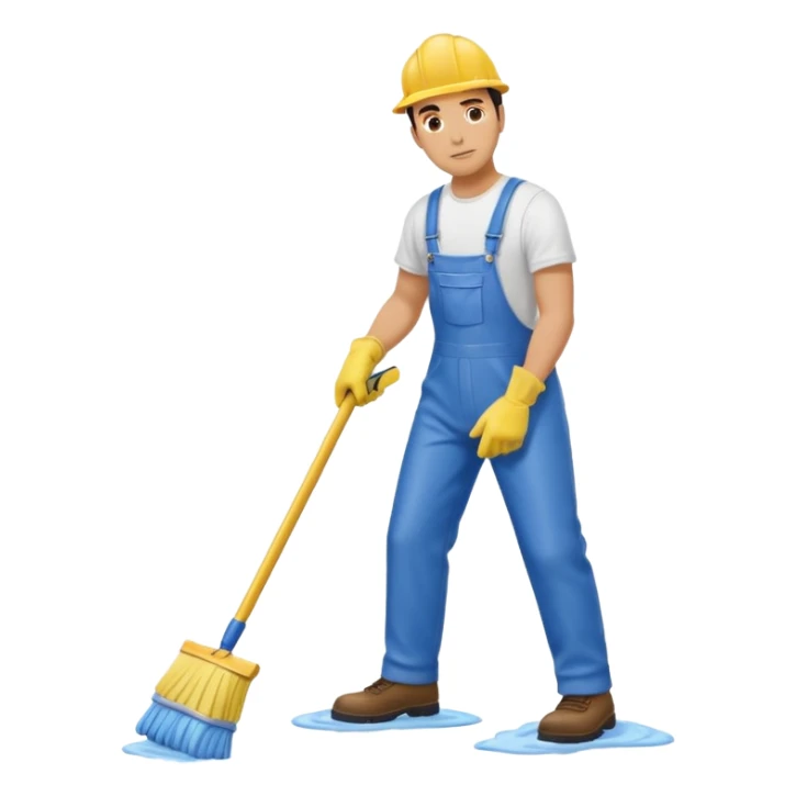 Custodian with yellow rubber gloves, white T-shirt, blue overalls, mopping floor sticker