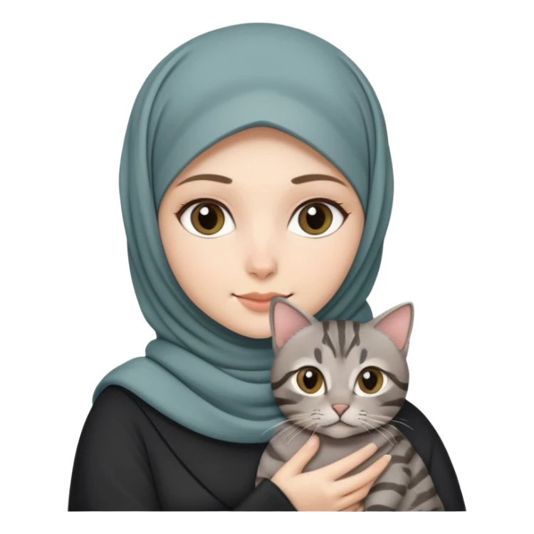 White girl wearing  hijab holding a black grey tabby cat sticker