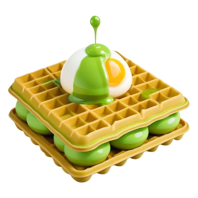 3D rendered hyper-realistic matcha green tea Hong Kong egg waffle with vibrant green color, detailed bubble texture, glossy candy-like surface, playful presentation, soft lighting sticker