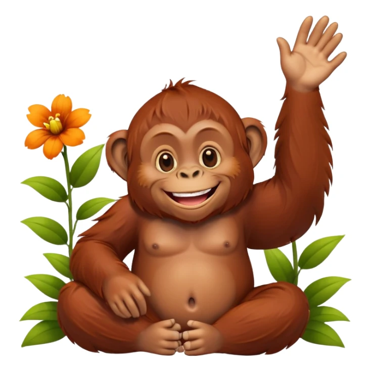 Orangutan happy sitting with flowers on its head and body sticker