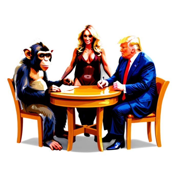 Stormy Daniels, a Monkey, a donkey, and Trump sit around a table sticker