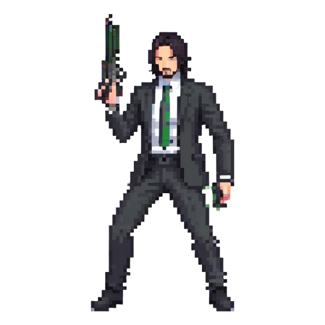 John Wick character with black suit, long dark hair, holding a gun sticker