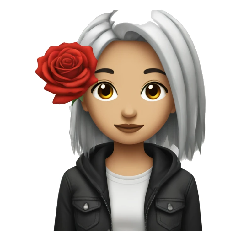 a girl with emo hair and a rose sticker