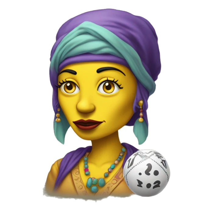YELLOW COLORED SKIN female fortune teller in simpsons style front view holding a ball face must b toony and cartoonish  sticker