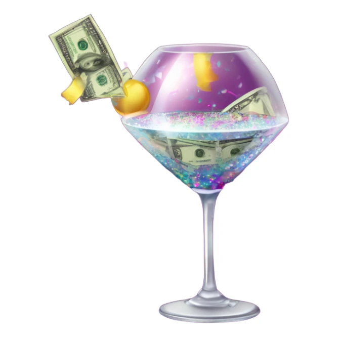 A glittering disco ball with dollar bills flying around it, a spilled wine glass, and a lipstick-stained martini glass surrounded by confetti and sparkles sticker