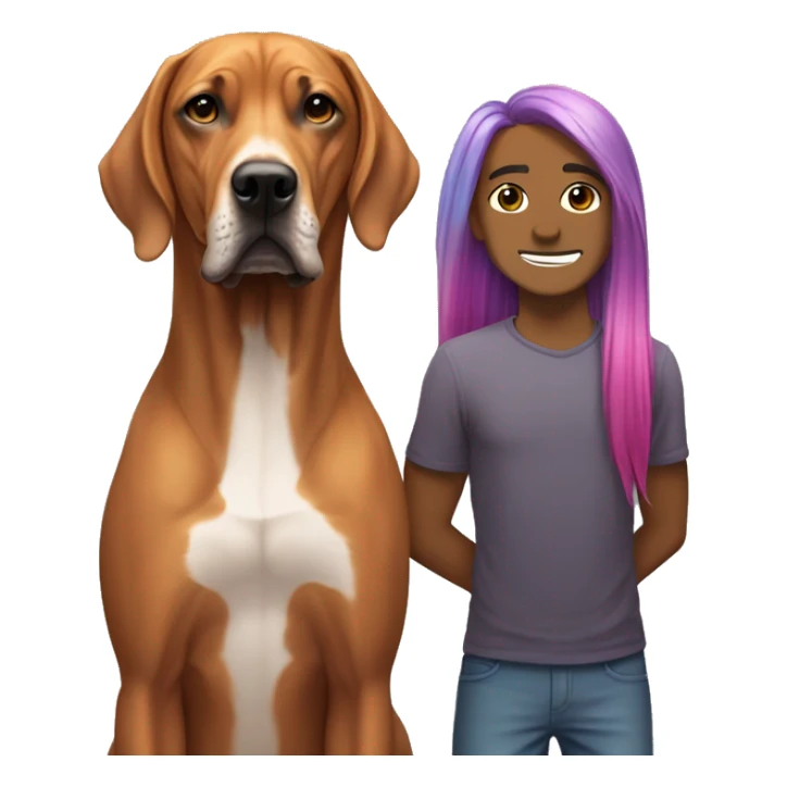 white male with long rainbow colored hair standing alongside a brown rhodesian ridgeback sticker