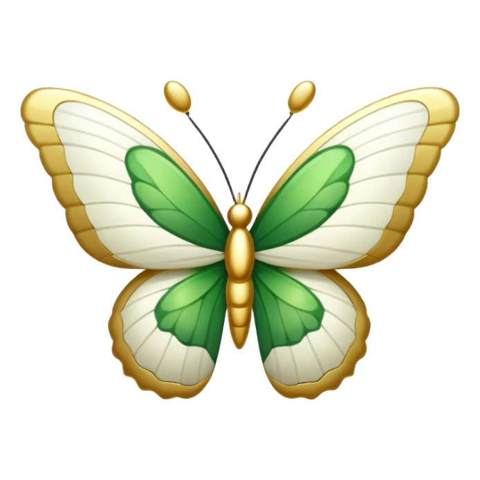 Create a golden-white-green colored butterfly with spreading wings where the wings have a reversed each-other facing R-letter shape sticker