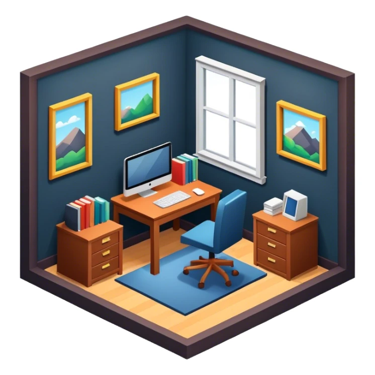 An isometric 3D room with two walls that meet at the back left and right and a Window. Dark Colors. Home Office sticker