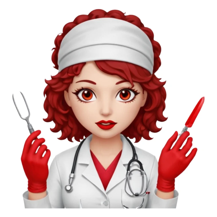 Lilith scalpel in hand, evil surgeon sexy surgeon clothes.  She has red eyes. Dark brown curly hair. Wears sexy doctor outfit with red gloves.covers her mouth necknose with red bandana to hide  her identity. Hair is long and brown hair is free but bandana must cover her mouth sticker