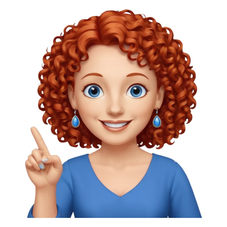 una profesora mayor simpática con el pelo rojo rizado, ojos azules, vestido azul y pendientes azules hablando sonriendo feliz indicando con un dedo sticker