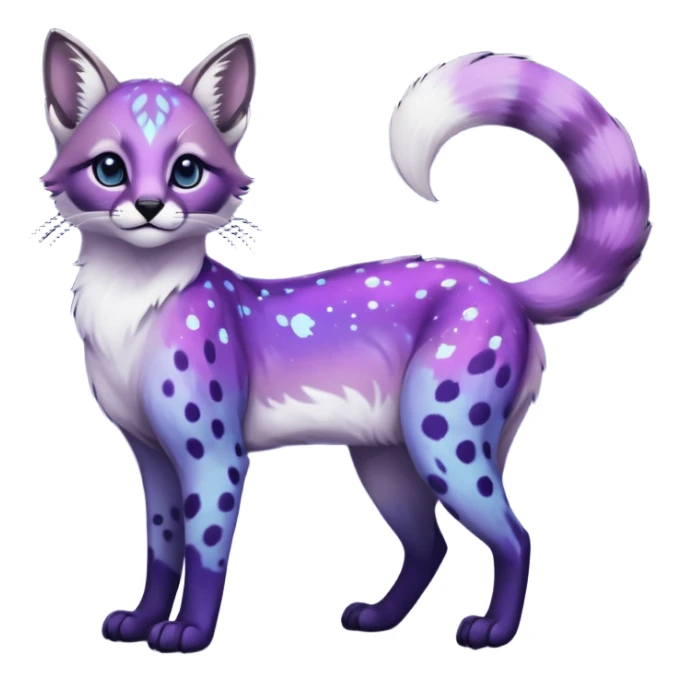Colorful black-violet-indigo-purple-gradients nebulae nebula starry galactical shiny white-stars-spotted glorious iridescent divine exotic cute cool beautiful realistic antasy-caracal-civet-genet-sergal-vernid-Cacomistle-Trico-oncilla-animal-Fakémon-hybrid-fursona (full body) sticker