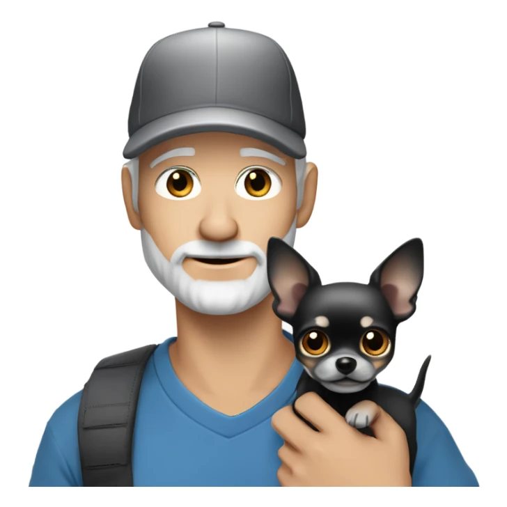 Handsome blue eyed man, with grey hair,  and grey goatee beard, wearing ball cap, holding a black long hair chihuahua  sticker