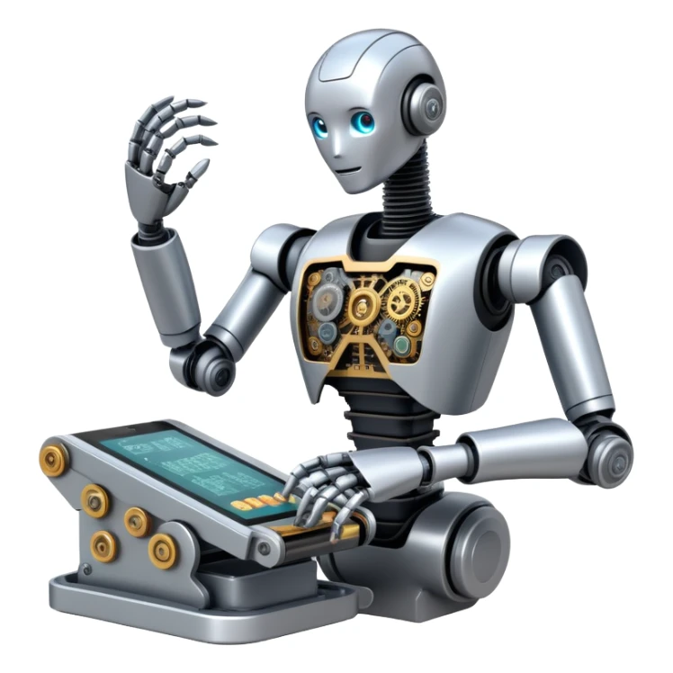 An icon featuring a humanoid robot assembling parts with mechanical arms, a circuit board in its chest, and a conveyor belt in the background. The design includes gears, sensors, and a robotic claw, symbolizing robotics innovation and automation. Transparent background sticker