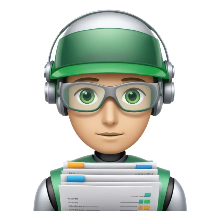 human like robot wearing  accountant Green eyeshade visor  and holding spreadsheets sticker
