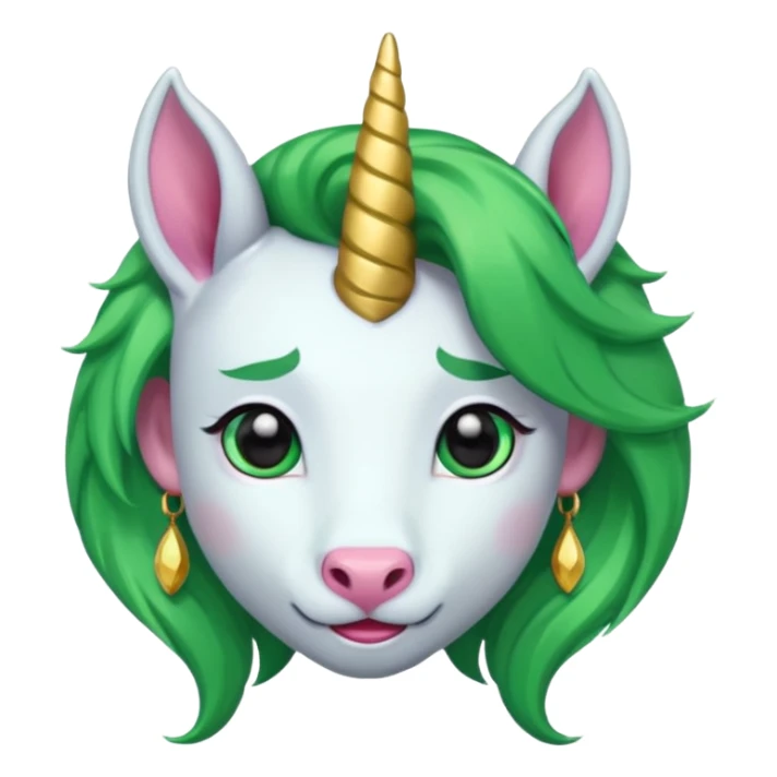 unicorn with green hair and big earrings looking into camera sticker